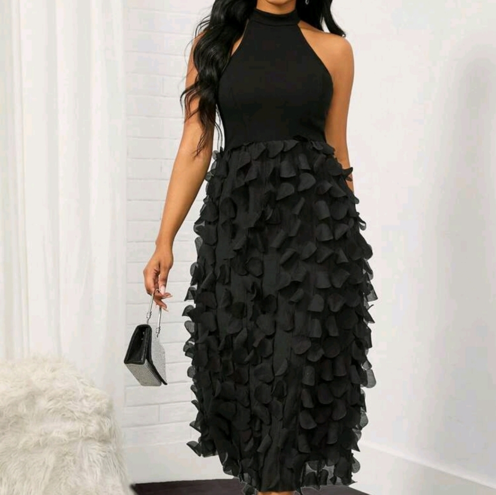 Classic Black Halter Neck Appliqué Evening Party Party Dress